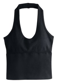 Reggiseno sportivo nero con scollo rotondo e spalline larghe. Presenta una texture a coste e un design aderente, adatto per l'abbigliamento sportivo.