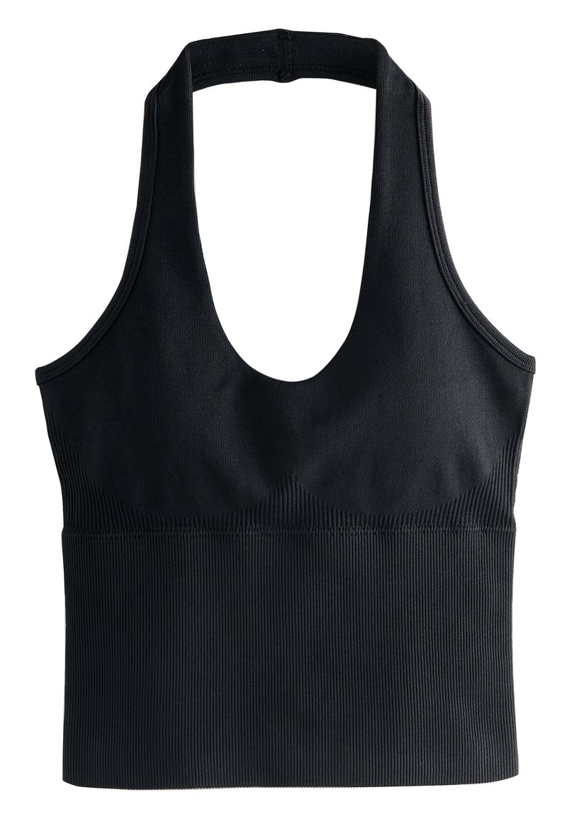 Reggiseno sportivo nero con scollo rotondo e spalline larghe. Presenta una texture a coste e un design aderente, adatto per l'abbigliamento sportivo.