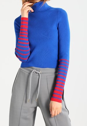 Blue ribbed turtleneck sweater with long red striped sleeves, paired with gray pants featuring a drawstring and contrasting side details.