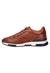 Brown leather sneaker with lace-up front, perforated side panels, and white rubber sole with black tread.