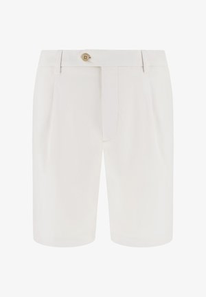 Weiße, maßgeschneiderte Shorts mit Gürtelschlaufen, vorderem Knopf und Reißverschluss, mit dezenten vorderen Falten und knielangem Saum.