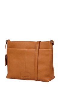 Sac bandoulière en cuir beige avec une texture lisse, de forme rectangulaire, doté d'une poche avant. Il dispose d'une sangle réglable et d'un logo en relief.