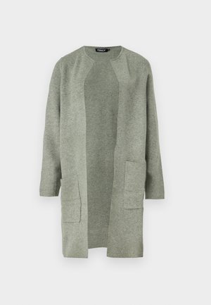 Light green cardigan made of soft knit fabric, features a round neckline, open front, and two front pockets. Long sleeves, loose fit.