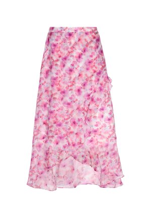 Fustă maxi cu un tipar floral roz și alb, confecționată dintr-un material transparent și ușor; are un tiv volă și o siluetă fluidă.