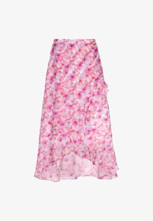 Fustă maxi cu un tipar floral roz și alb, confecționată dintr-un material transparent și ușor; are un tiv volă și o siluetă fluidă.