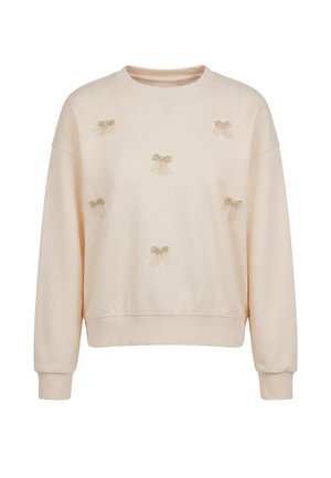 Langærmet sweatshirt i cremefarve med seks små dekorative sløjfer jævnt placeret på fronten.