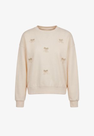 Langærmet sweatshirt i cremefarve med seks små dekorative sløjfer jævnt placeret på fronten.