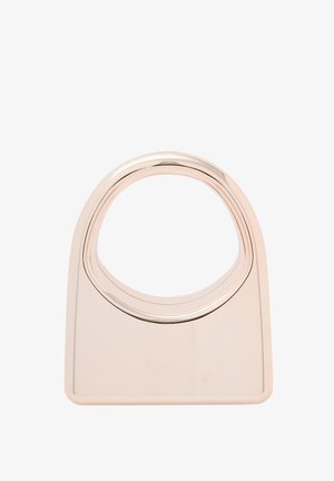 Fémes rózsaarany táska téglalap alapja és kerek füllel. Simaság, fényes felület minimalista dizájnnal és letisztult vonalakkal.