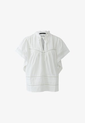 Weiße Bluse mit kurzen Ärmeln, gerafftem Stehkragen, vorderer Bindung, Spitzeneinsätzen, Biesen-Details und lockerem, fließendem Schnitt.