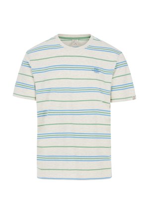 Gestreiftes T-Shirt in hellbeige mit blauen und grünen horizontalen Streifen. Verfügt über einen runden Ausschnitt und ein kleines gedrucktes Logo auf der Brust.