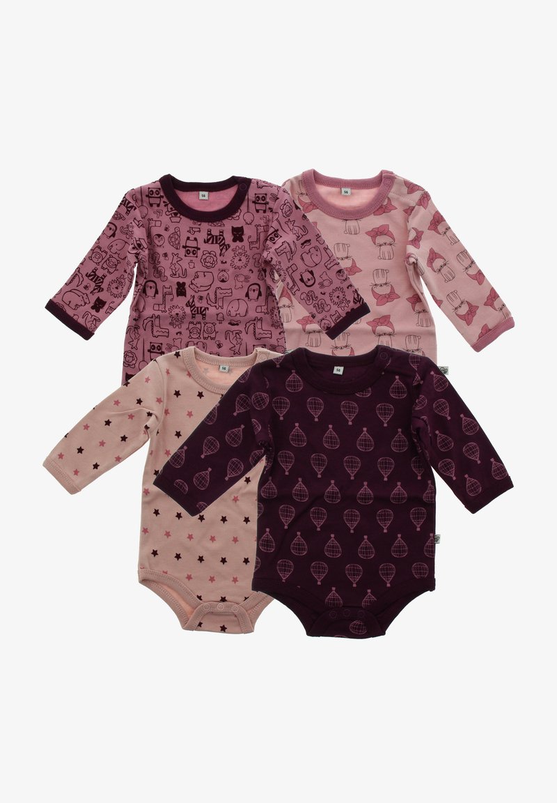 Vier langemmouws baby rompertjes in roze en bordeauxrood, met verschillende patronen zoals dieren, sterren, ballonnen en schattige illustraties.