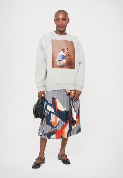 Sweatshirt gri cu imprimeu de câine, fustă plisată multicoloră, geantă neagră și pantofi negri. Ținuta prezintă texturi și modele contrastante.