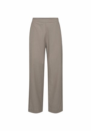Béžové kalhoty širokého střihu s elastickým pasem, bez viditelných kapes nebo ozdob, zobrazené na bílém pozadí.