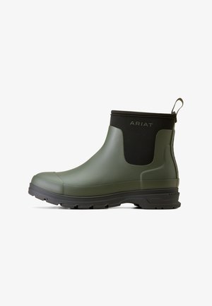 Green rubber ankle boots with a smooth finish, black neoprene top, and a textured black sole. Features a pull tab at the back for easy wear.