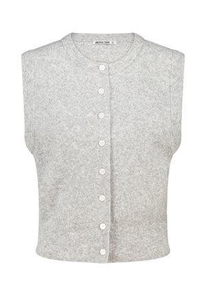 Grijze mouwloze cardigan van zachte gebreide stof, met een ronde halslijn, vijf knoopsluitingen en een geribde zoom.