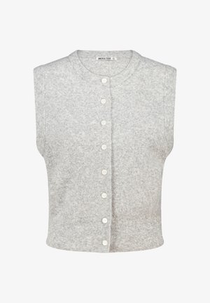 Cardigan sin mangas de color gris, hecho de suave tejido de punto, que cuenta con un escote redondo, cierre de cinco botones y dobladillo acanalado.
