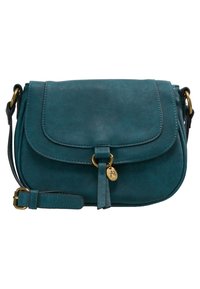 Torba na ramię z miękkiej skórki w kolorze morskim, z klapką na zatrzask, złotymi detalami i niewielkim frędzlem. Wyposażona w regulowany pasek dla wygody.