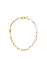 Gouden schakelketting met afwisselend roze parels. Beschikt over een sluiting en een gladde afwerking, die een mix van texturen laat zien.