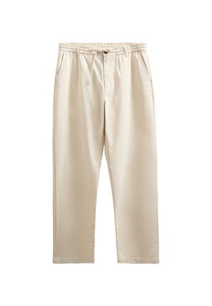 Beige casual bukser med elastisk talje, snøre, sidelommer og knaplukning, vist på hvid baggrund.