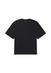 Plain short-sleeve black t-shirt shown from the back with a small rectangular label near the collar.