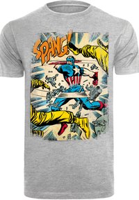 Grå bomull T-skjorte med et grafisk trykk i tegneserie-stil av Captain America, gule lemmer, og ordet "SPANG!" i oransje.
