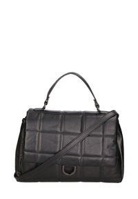 Borsa a mano in pelle nera con design trapuntato, forma rettangolare, manico superiore e tracolla rimovibile con un accento metallico.