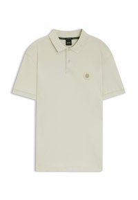 Beige polo shirt met een gestructureerde kraag, twee-knoopsluiting en hexagonaal logo op de borst. Korte mouwen en zachte katoenmateriaal.