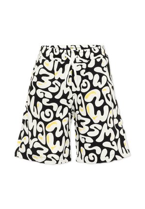 Shorts noirs avec motifs abstraits en spirale blancs et jaunes, dotés d'une ceinture élastique et d'un cordon de serrage blanc.