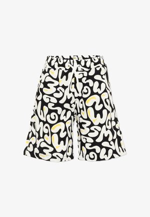 Pantaloncini neri con motivi astratti a zigzag bianchi e gialli, dotati di una fascia elastica in vita e coulisse bianca.