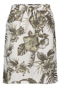 Polvepituinen hame valkoisesta kankaasta, jossa on vihreä ja ruskea kasviprintti. Sisältää sidottavan vyötärönauhan ja väljää istuvuutta.