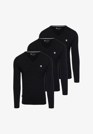 Tre langærmede V-hals T-shirts i sort, fremstillet af blødt stof, med en tætsiddende pasform og en lille logo-detalje på brystet.