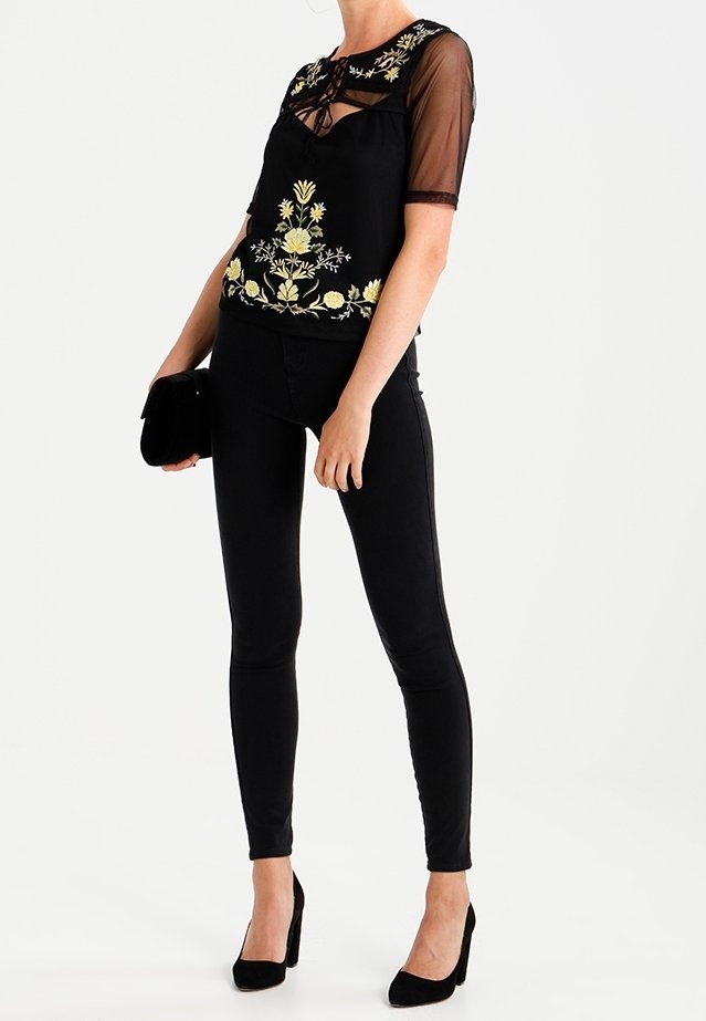 Haut à Manches Courtes En Velours Noir Fleuri River Island - Taille 12, Pompons, Occasion TBEG