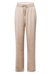 Beige lounge pants made of soft fabric, featuring an elastic waistband with drawstring, side pockets, and straight leg design.