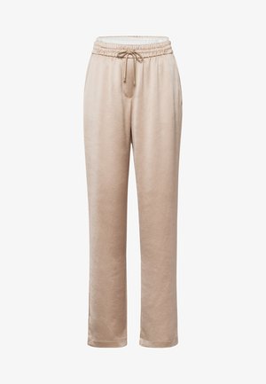 Beige Freizeithosen aus weichem Stoff, mit elastischem Bund und Kordelzug, seitlichen Taschen und geradem Beindesign.