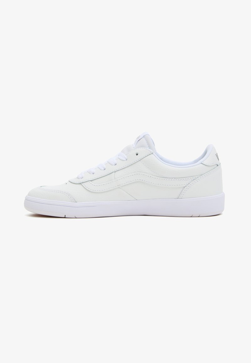 White sneakers made of leather with a smooth texture, low-top design, and white rubber sole. Features subtle side detailing and laces.