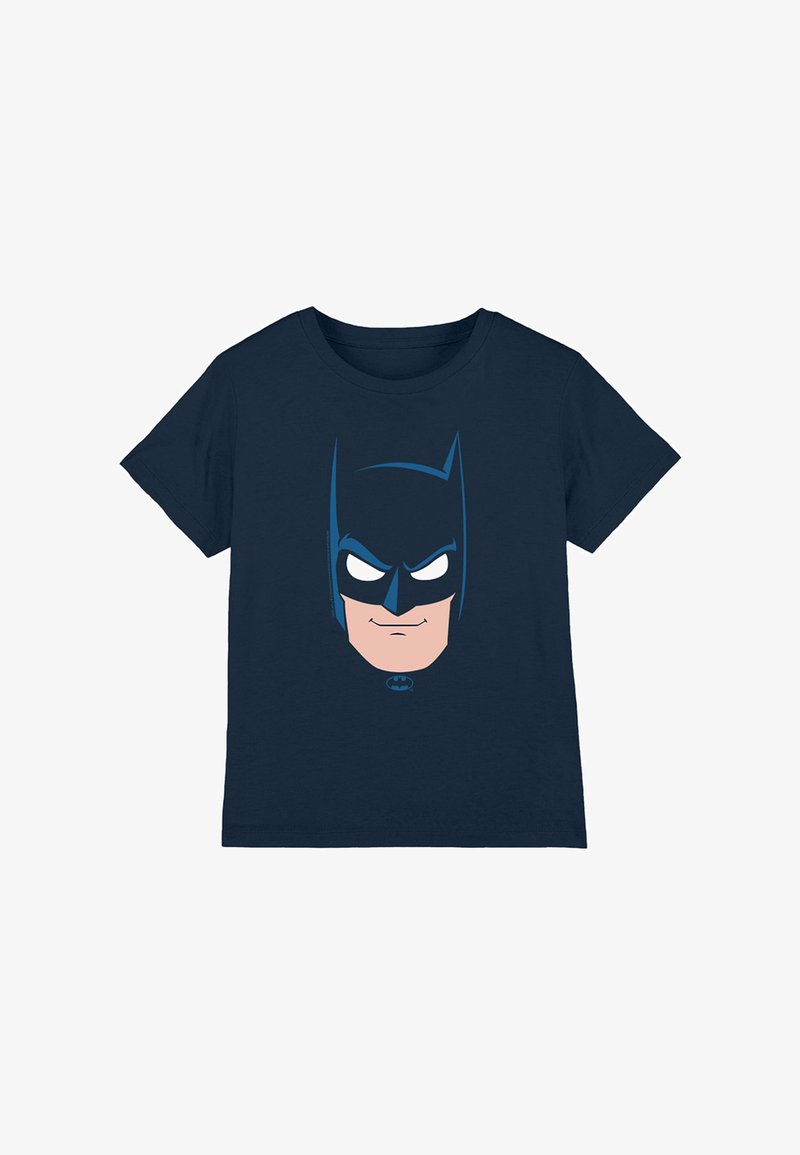 Navy cotton t-shirt featuring a graphic of a cartoon Batman face in blue and light flesh tones. Classic crew neck design, short sleeves.