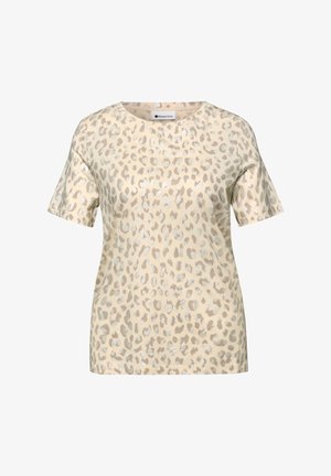Beżowy T-shirt z krótkim rękawem, z wzorem lamparciej skóry w jasnobrązowe i srebrne plamki, z okrągłym dekoltem i luźnym krojem.