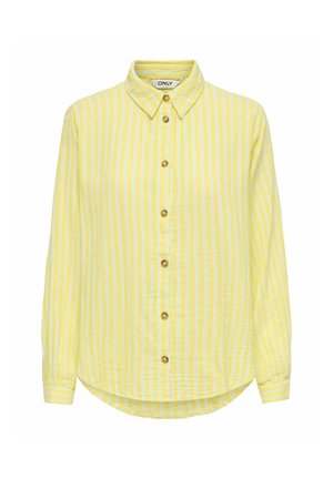 Yellow long-sleeve button-up shirt with white vertical stripes, brown buttons, a pointed collar, and a slightly rounded hem.
