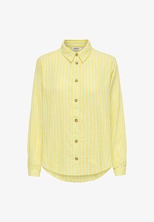 Yellow long-sleeve button-up shirt with white vertical stripes, brown buttons, a pointed collar, and a slightly rounded hem.