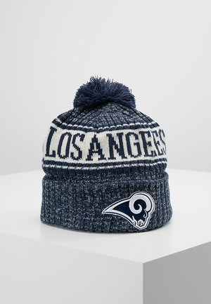 Granatowa dzianinowa czapka z pomponem, z wyraźnym napisem "LOS ANGELES" na pasie oraz naszywką z logo Rams z przodu.