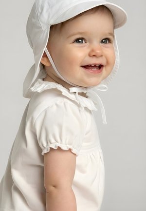 Lächelndes Kleinkind, das eine weiße Haube und ein kurzärmeliges Kleid trägt, schaut leicht seitlich vor einem einfarbigen Hintergrund.