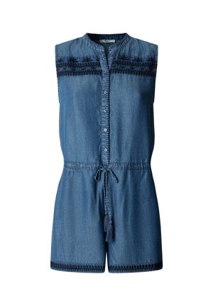 Mėlynas džinsinis kombinezonas be rankovių su sagomis priekyje, juoda siuvinėta gėlių dekoracija ant krūtinės ir apačios, bei surišamu juosmens diržu su kutais.