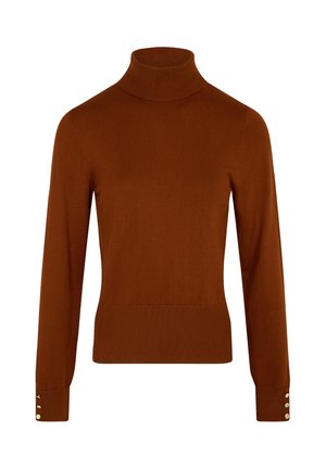 Bruine coltrui, gebreide stof, getailleerde pasvorm, lange mouwen met gouden knopenaccenten bij de manchetten.