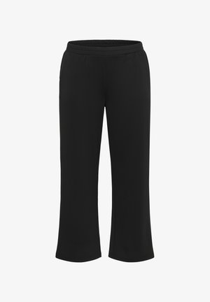 Black wide-leg pants with elastic waistband, straight cut, and side pockets, displayed against a white background.