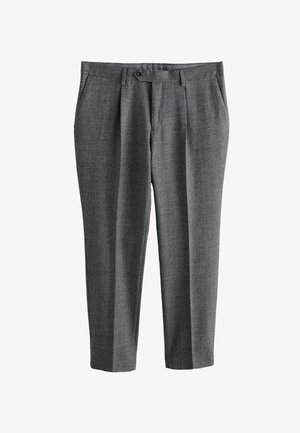Gray checkered trousers made of textured fabric, featuring a straight cut, two front pockets, and a button closure at the waistband.