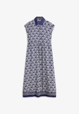 Abito fino al ginocchio blu navy e bianco con motivo astratto a tutto campo, maniche corte, colletto blu scuro e vita con coulisse.