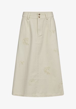 Krémová sukně střihu áčkového typu s poutky na pásek, dvěma hnědými knoflíky v pase a jemnou květinovou výšivkou roztroušenou po látce.