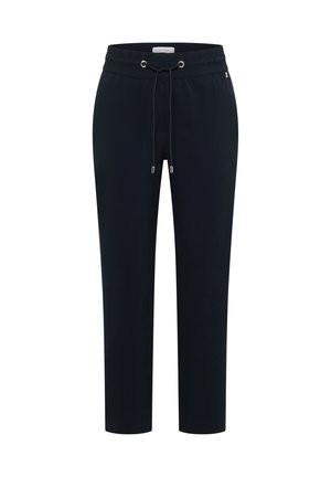 Schwarze, zulaufende Freizeithose mit elastischem Bund und verstellbarem Kordelzug, für bequemen Alltagsgebrauch konzipiert.