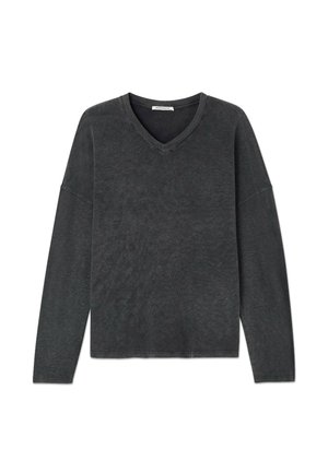 Tumehall v-kaelusega sviiter pikkade varrukatega, valmistatud pehmest, tekstuuriga kangast. Omab mugavat lõike ja madalaid õmblusi õlgadel.