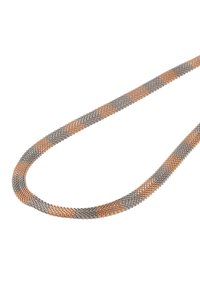 Rózsaarany és fegyverszürke színű fémlánc, sima, texturált felülettel és szőtt láncszemekkel.